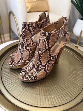 Report  Snake Print Peep Toe Block Heel Booties - Brown